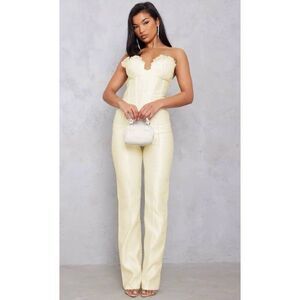 NEW PLT Women Glam Organza Cup Detail Corset Satin Bandeau Jumpsuit Yellow Chic